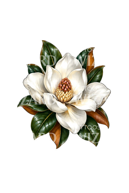 White Southern Magnolia Glossy Leaves Tattoo Illustration