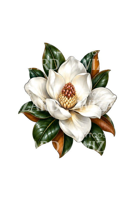 White Southern Magnolia Glossy Leaves Tattoo Illustration