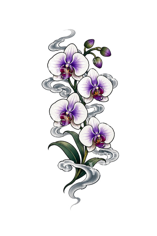 Motif de tatouage d’orchidées blanches et violettes dans la brume
