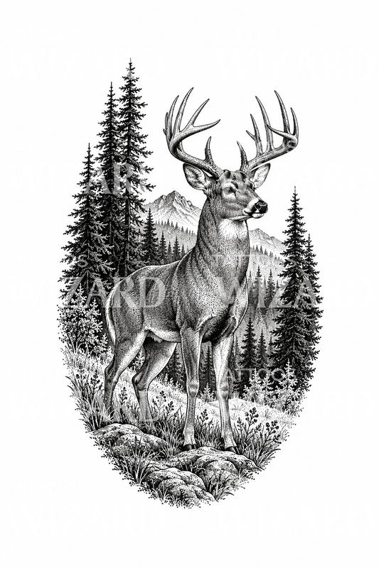 Vitsvanshjort i skogen, dotwork-tatuering