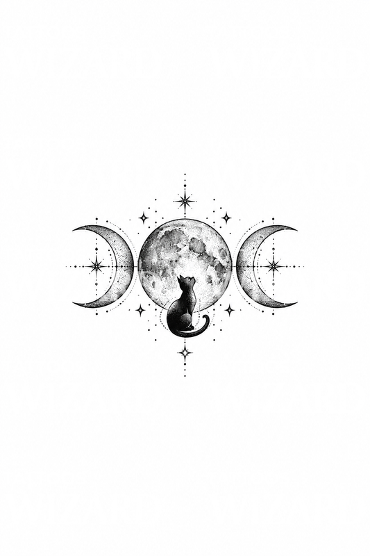 Luna triple wiccana con gato negro, diseño de tatuaje
