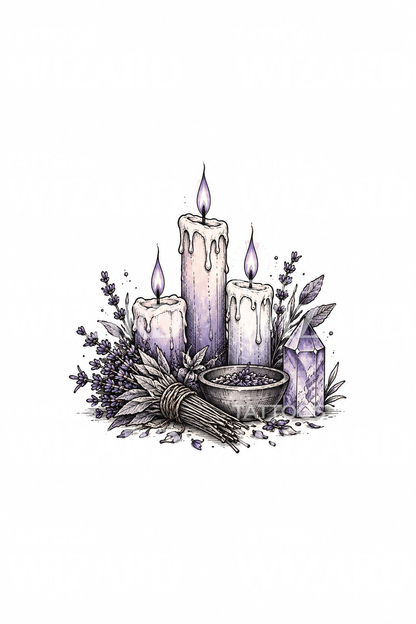 Wicca-heksealtare med ljus och kristall, skiss till tatuering