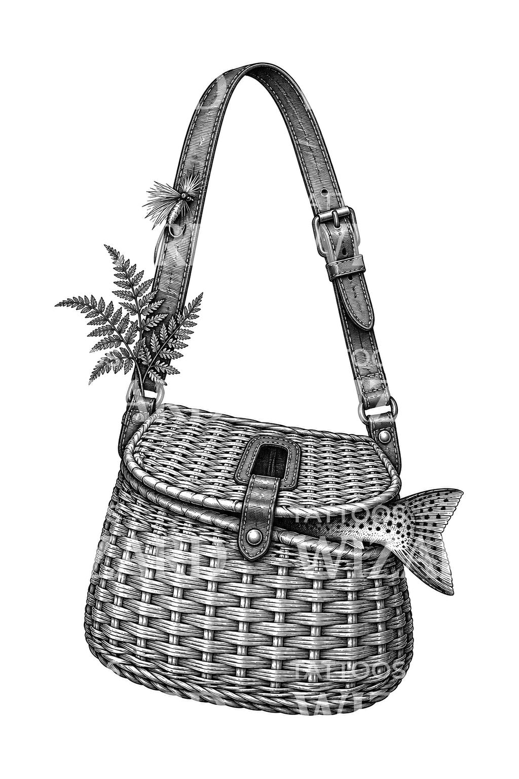 Wicker Fishing Creel with Trout Tattoo Illustration