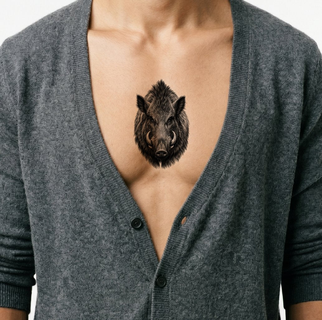 Black and Grey Wild Boar Tattoo Design