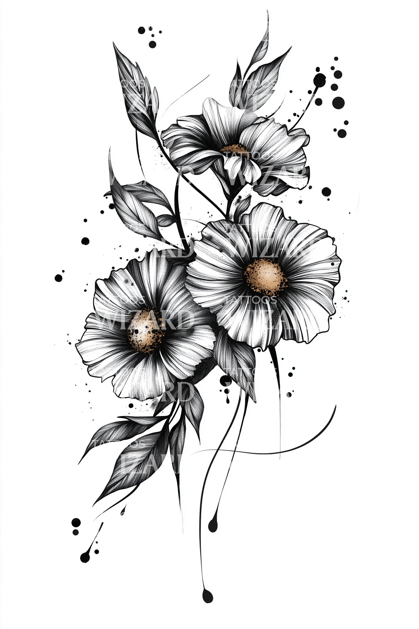 Ilustração de Tatuagem de Ramalhete de Margaridas Selvagens