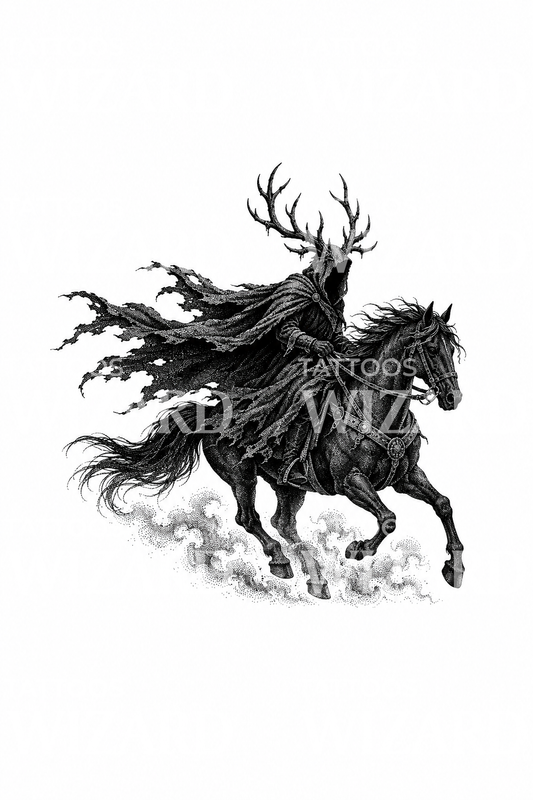 Wild Hunt Antlered Rider Dotwork Tattoo Design