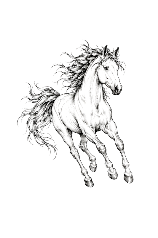 Vild mustang i galop, fine line-tatovering