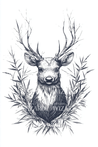Wild Stag Botanical Tattoo Design