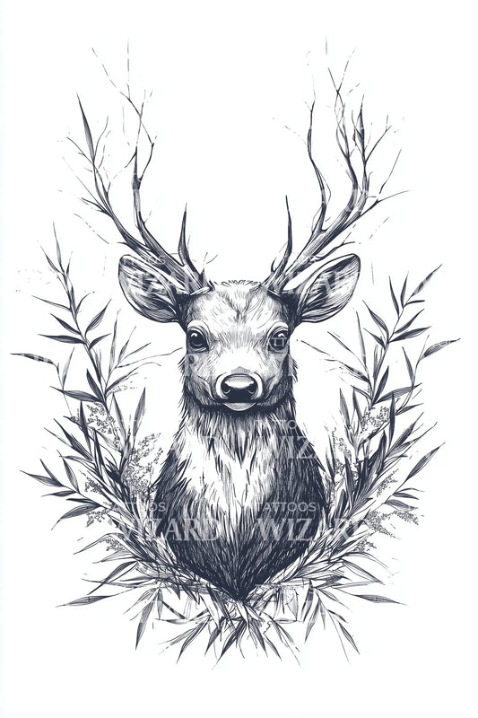Wild Stag Botanical Tattoo Design