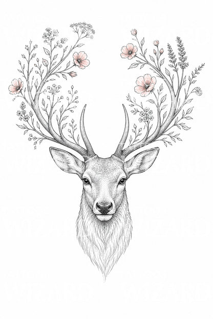 Wildflower Antler Stag Tattoo Design