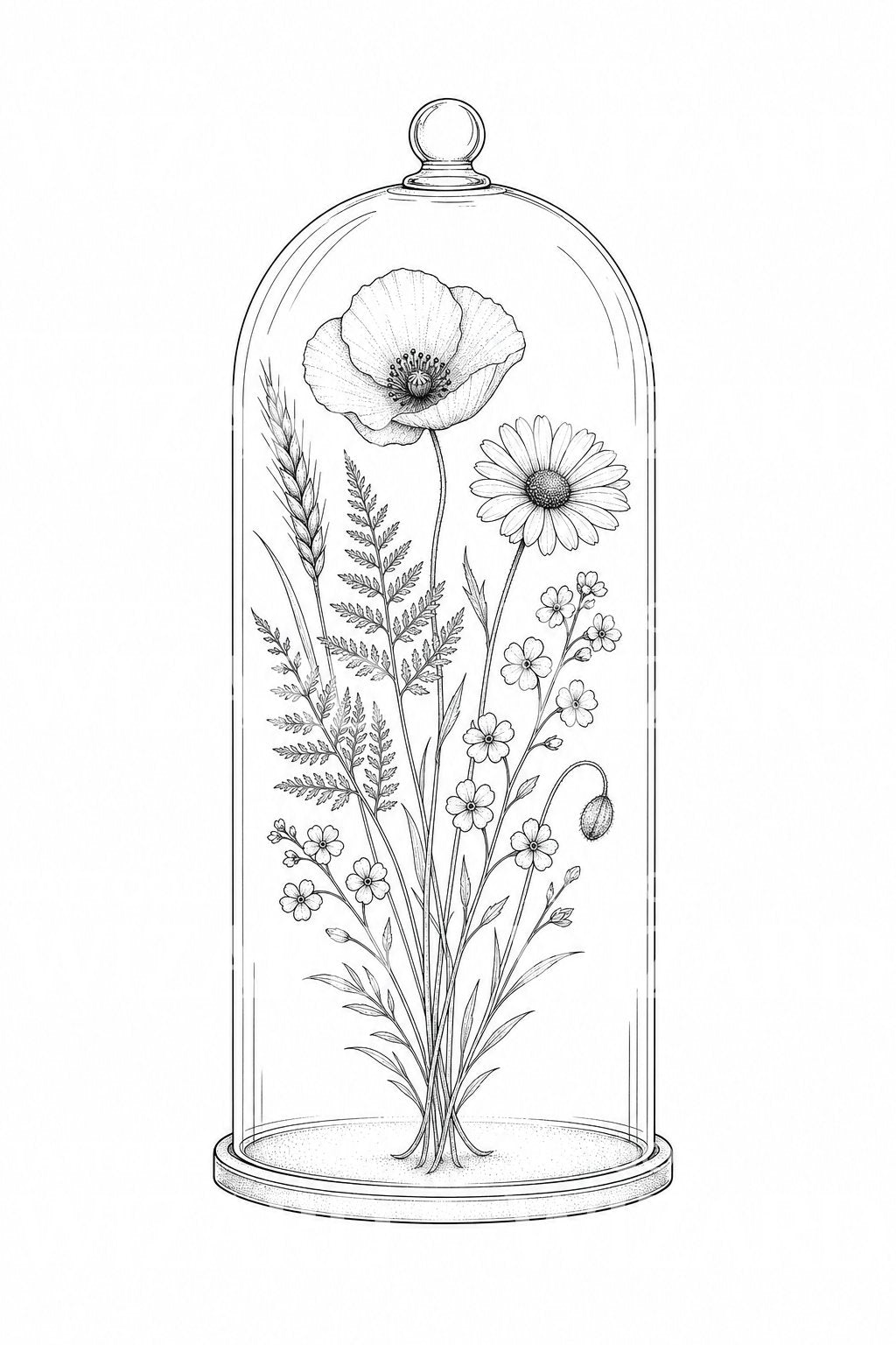 Tatueringsdesign med vildblommor i glaskupa
