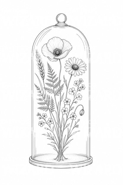 Tatueringsdesign med vildblommor i glaskupa