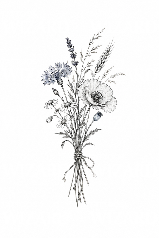 Wildflower Bouquet Tied with Twine Tattoo Idea