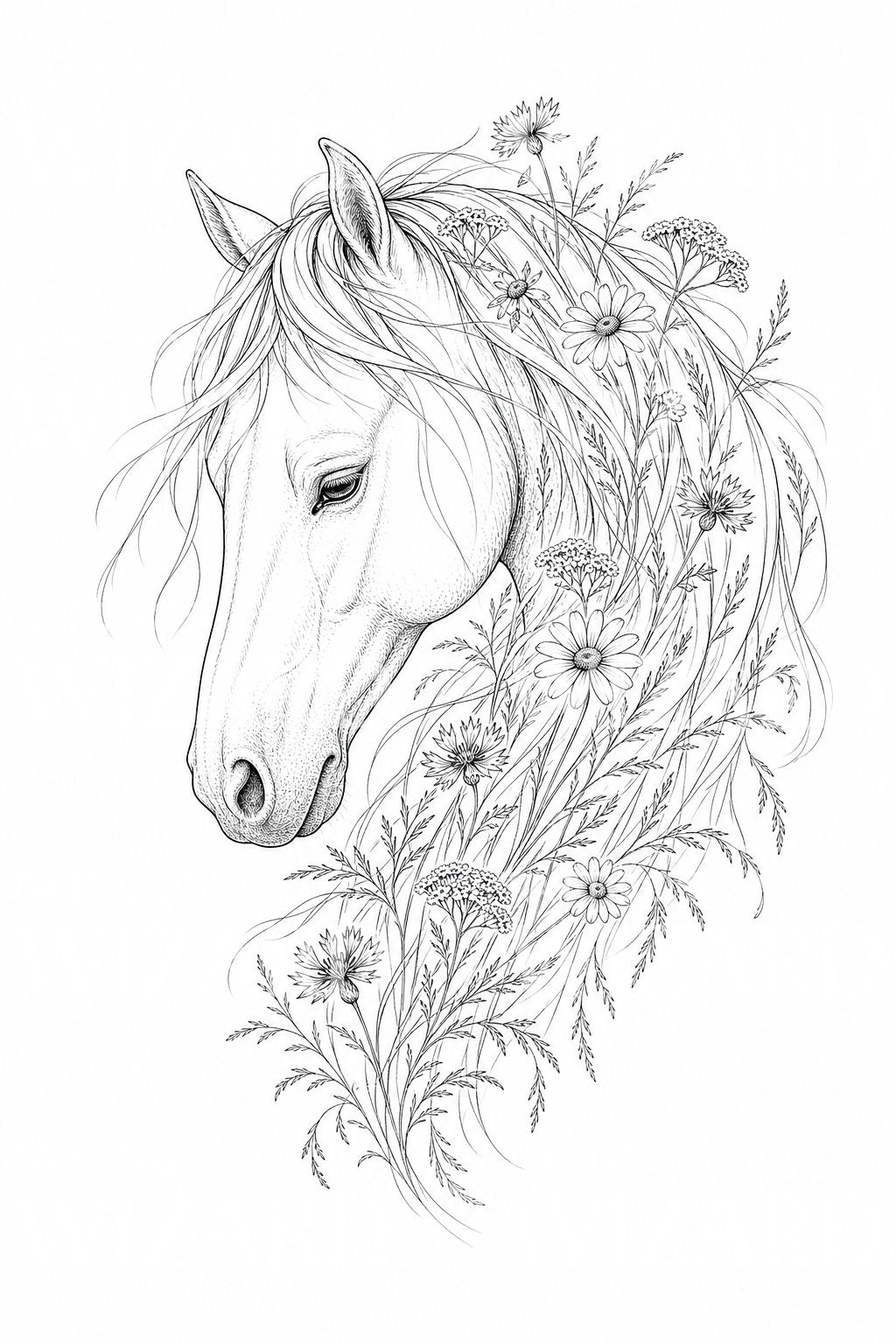 Wildflower Mane Horse Portrait Tattoo Idea