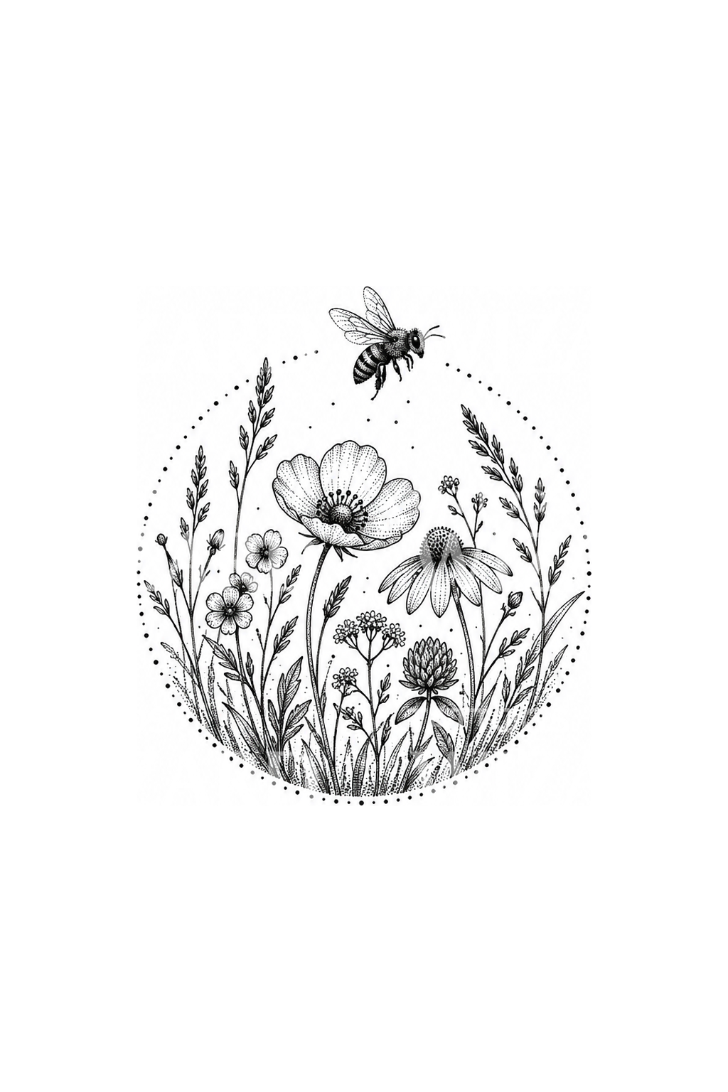 Vadvirágos rét pontozott körben, dotwork tetoválás