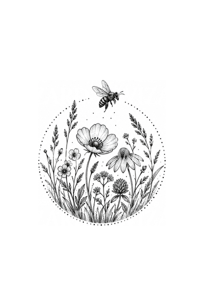 Vadvirágos rét pontozott körben, dotwork tetoválás