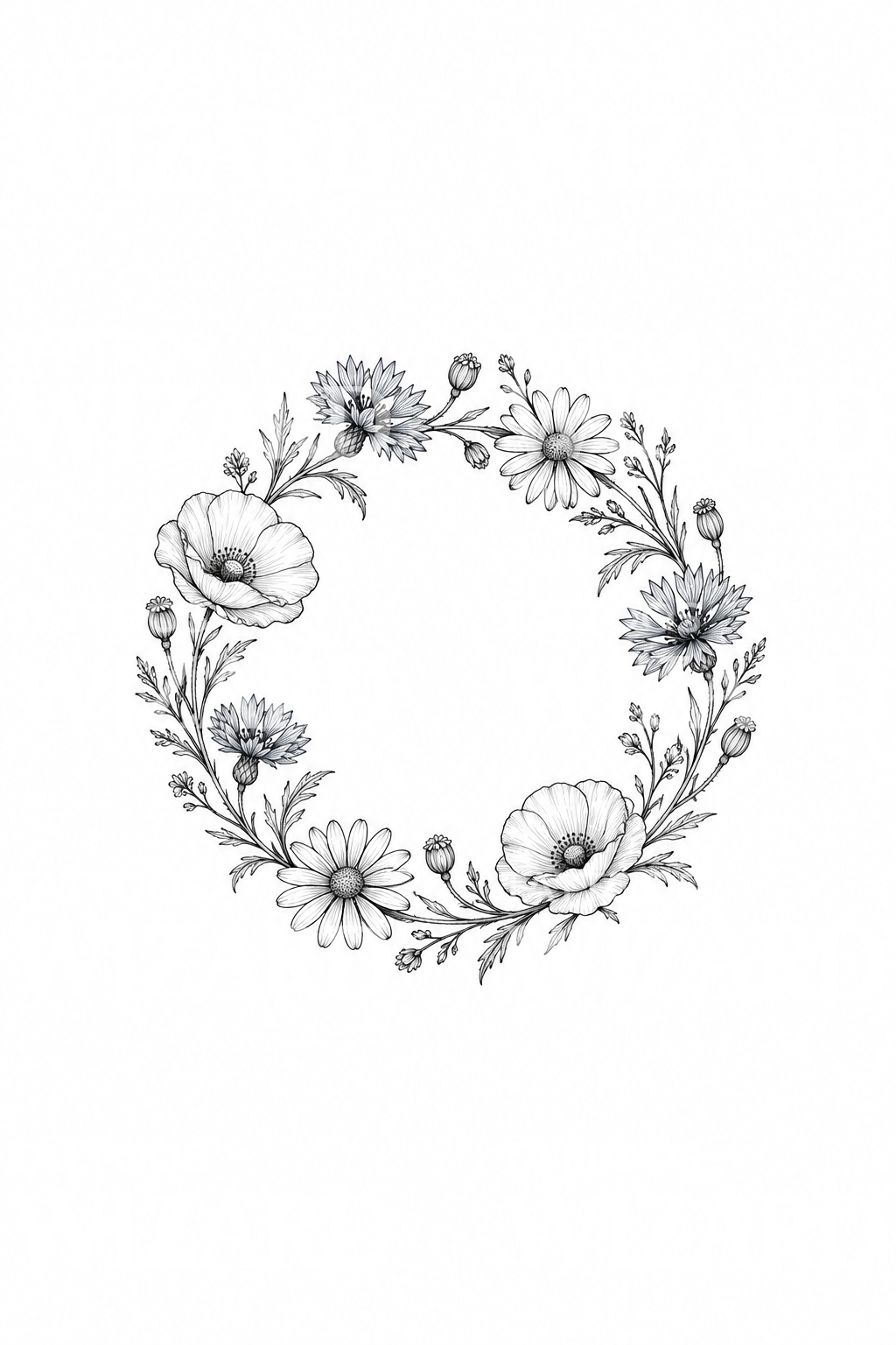 Wildflower Wreath of Poppies Cornflowers and Daisies Fine Line Tattoo