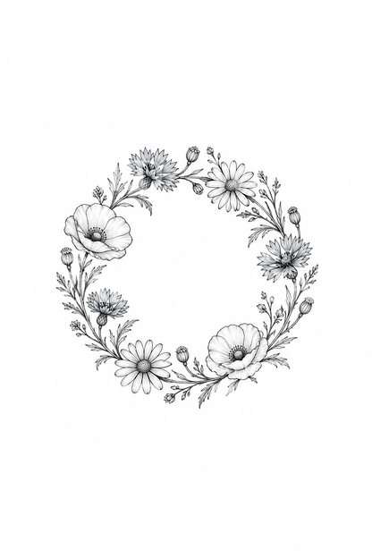 Wildflower Wreath of Poppies Cornflowers and Daisies Fine Line Tattoo