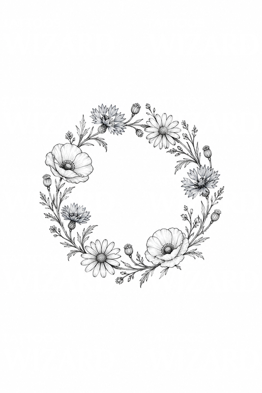 Wildflower Wreath of Poppies Cornflowers and Daisies Fine Line Tattoo