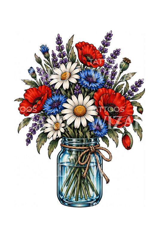Desenho de tatuagem de flores silvestres num frasco