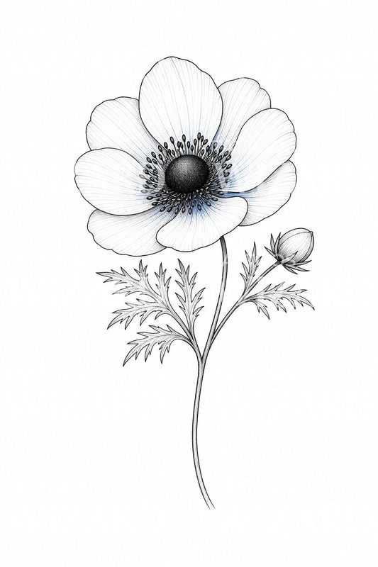 Diseño de tatuaje de anémona silvestre en línea fina