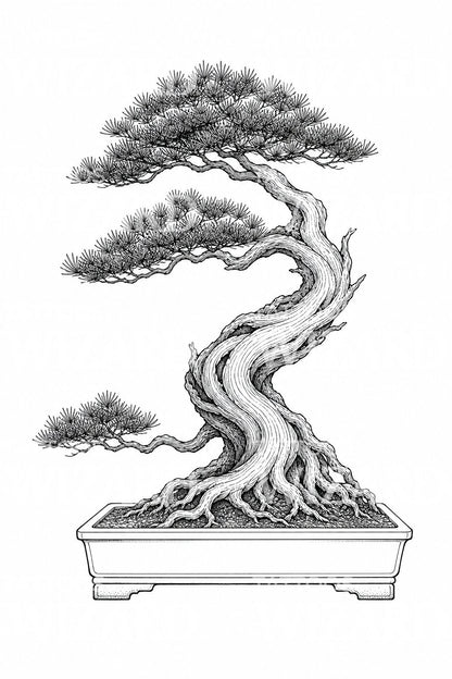 Windswept Bonsai Pine Tattoo Design