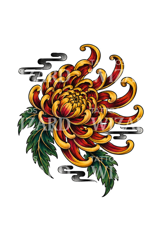 Desain Tato Krisan Jepang yang Diterpa Angin