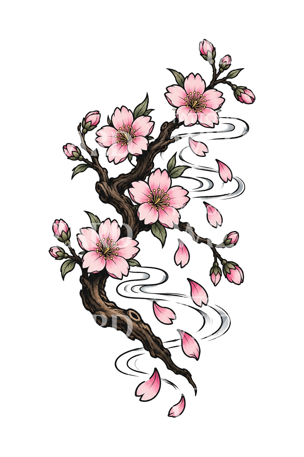Desain Tato Jepang Ranting Sakura Tertiup Angin