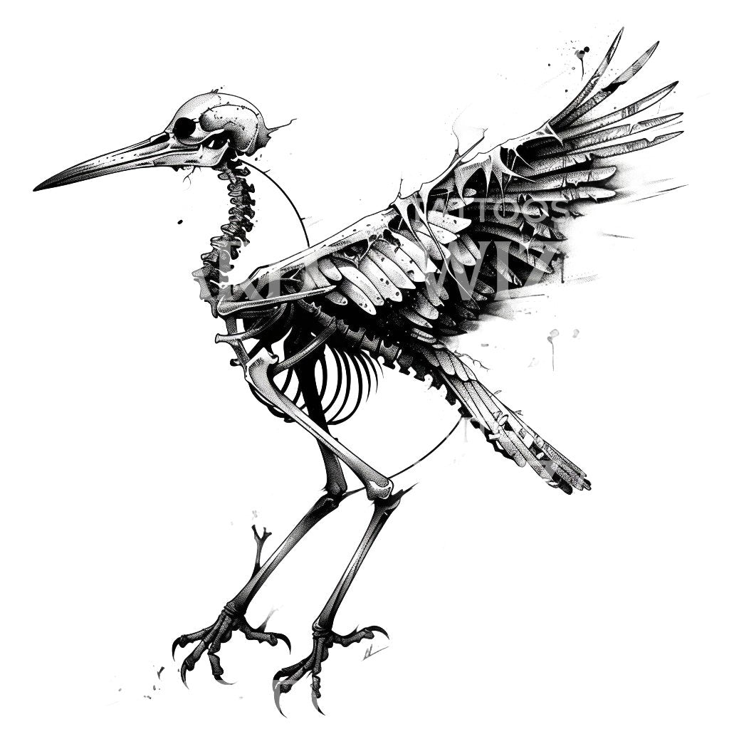 Winged Bird Skeleton Rising Tattoo Design