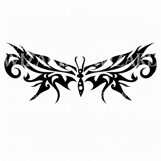 Winged Butterfly-Inspired Tribal Pattern Tattoo Design