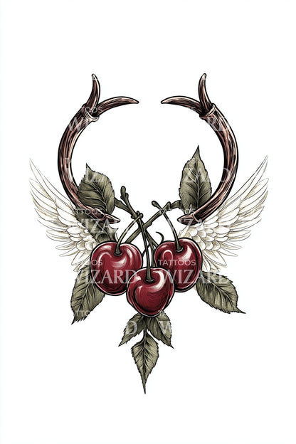 Illustration av tatuering med vingad körsbärsgren och horn