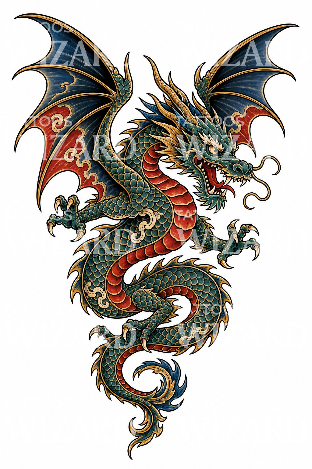 Winged Dragon in Flight Tattoo Design