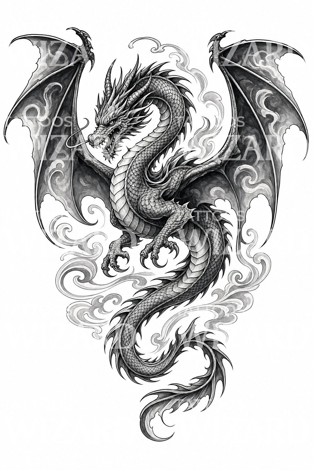 Winged Dragon in Flight Tattoo Design