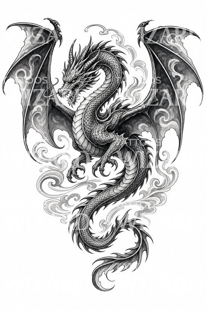 Winged Dragon in Flight Tattoo Design