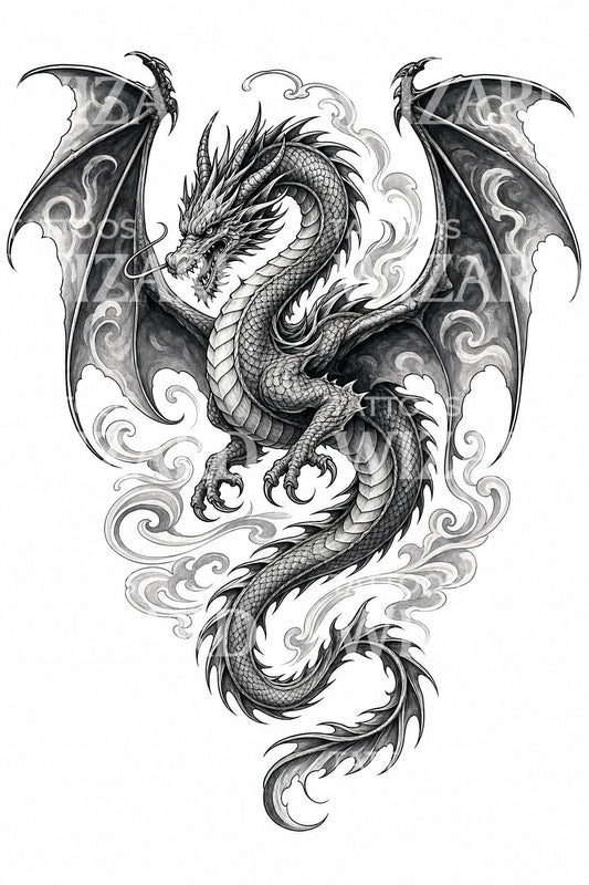 Winged Dragon in Flight Tattoo Design