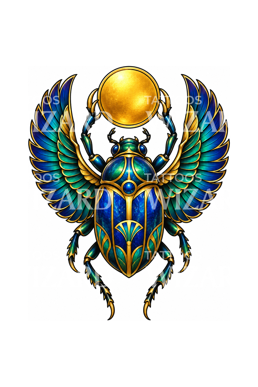 Winged Egyptian Scarab with Sun Disc Tattoo Design