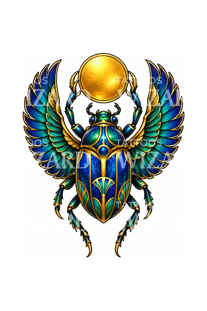 Winged Egyptian Scarab with Sun Disc Tattoo Design