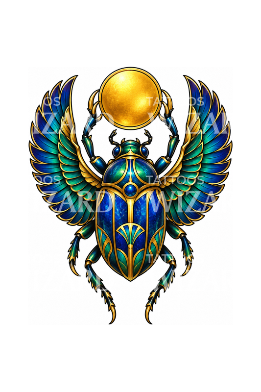 Winged Egyptian Scarab with Sun Disc Tattoo Design