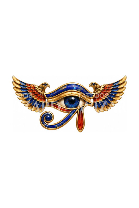 Winged Eye of Horus in Gold and Lapis Tattoo Design