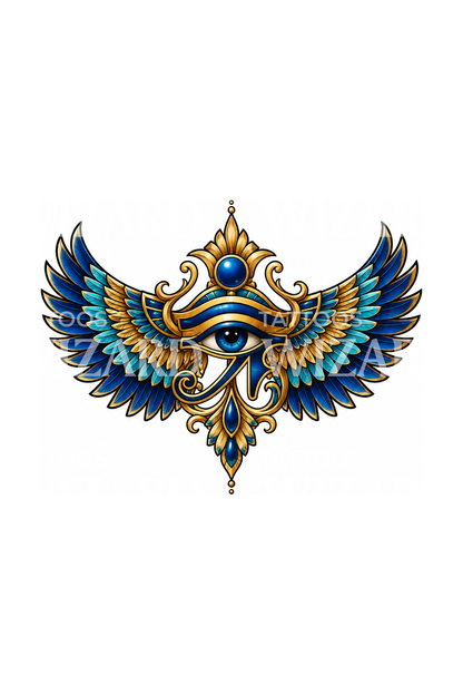 Winged Eye of Horus in Gold and Lapis Tattoo Design