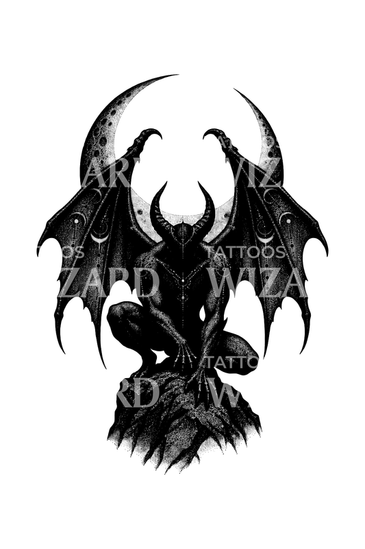 Demon Bertanduk Bersayap di Atas Bulan Sabit dengan Dotwork