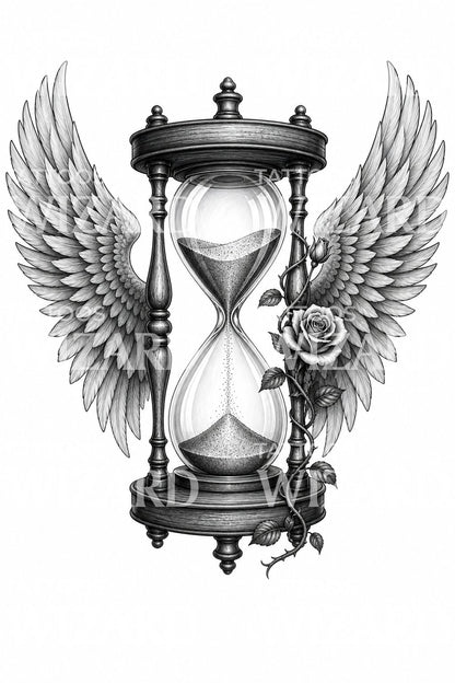 Winged Hourglass Black and Grey Tattoo Design