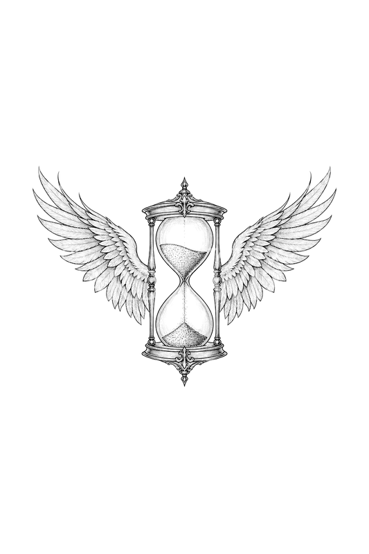 Winged Hourglass Time Flies Fine Line Tattoo