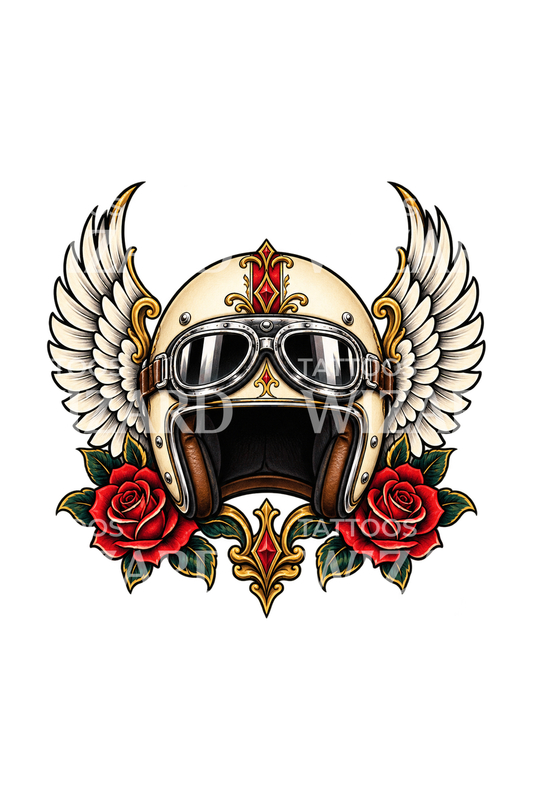 Winged Motorcycle Helmet with Goggles and Roses Tattoo Idea