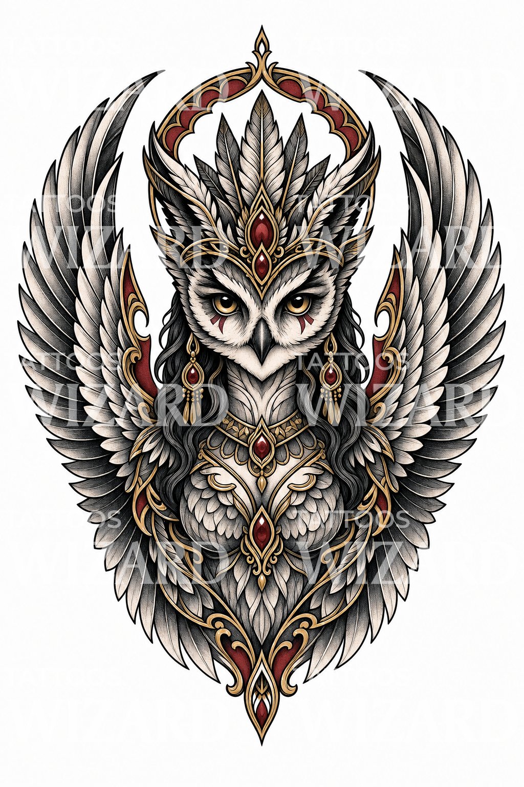 Winged Owl Goddess Tattoo Design