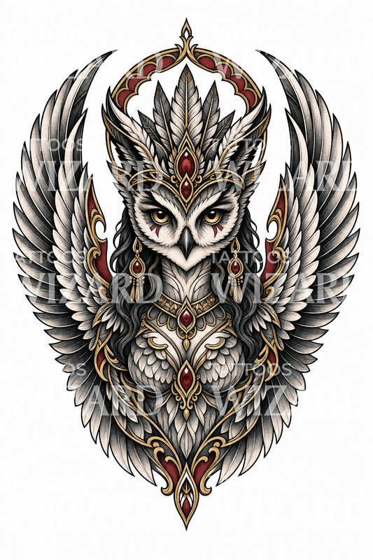 Winged Owl Goddess Tattoo Design