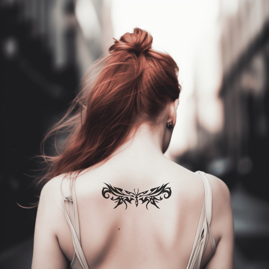 Winged Butterfly-Inspired Tribal Pattern Tattoo Design