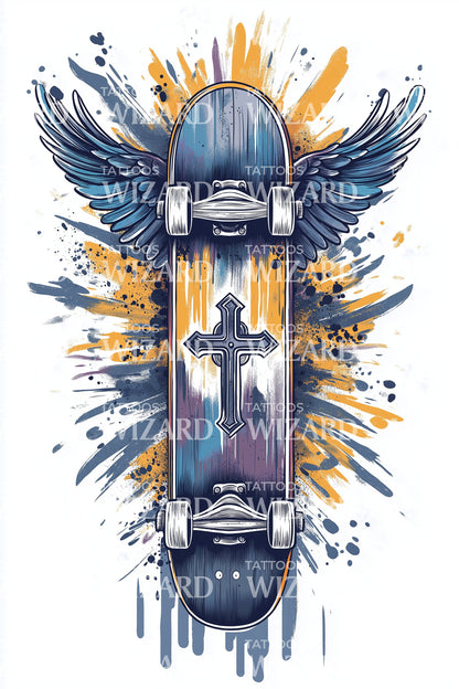 Desenho de Tatuagem Glória do Skateboard Alado