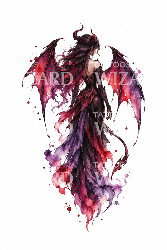 Akvarel-tatoveringsdesign med bevinget succubus