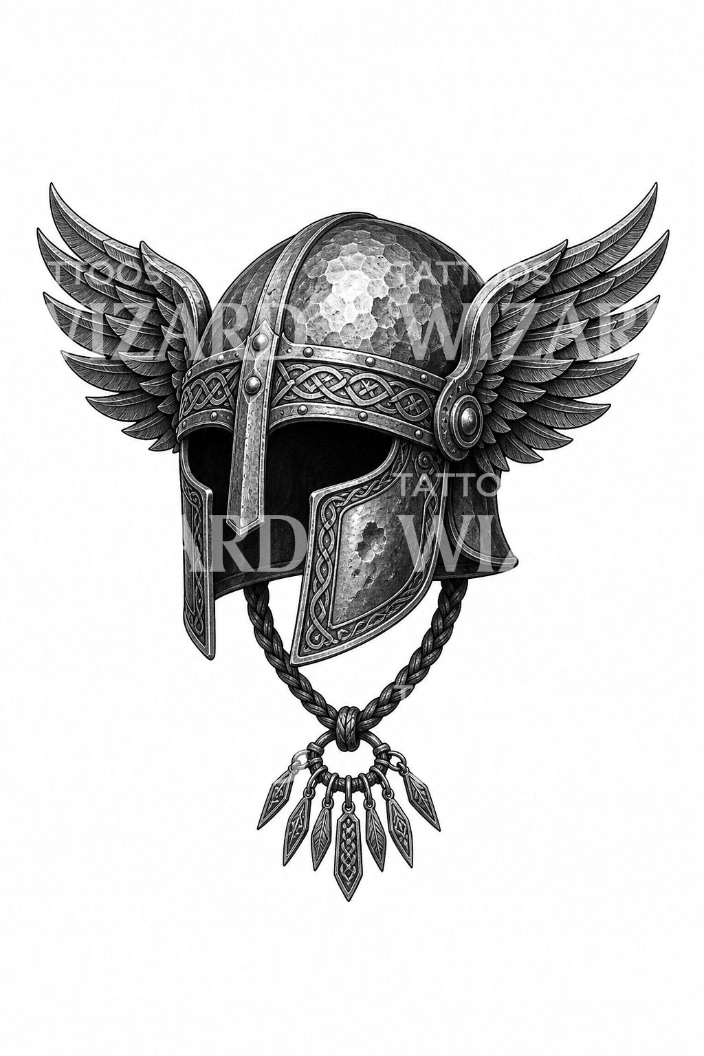 Tattooillustration af vinget valkyriehjelm